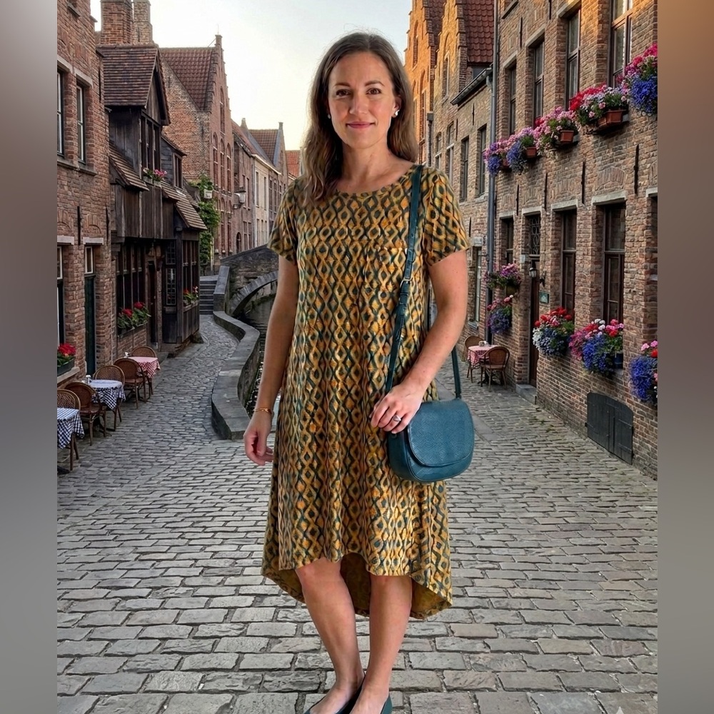 Lularoe Amelia Dress -Mustard Yellow/Teal Diamond Ikat Print – S – High-Low Hem